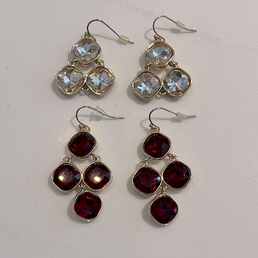 Bundle of 2 | Jeweled Dangle Earrings | Crystal, Gold, Red